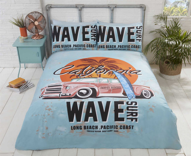 A vibrant California Duvet Set featuring a colourful surfer beach print, reversible design, and matching pillowcases for single, double, and king sizes