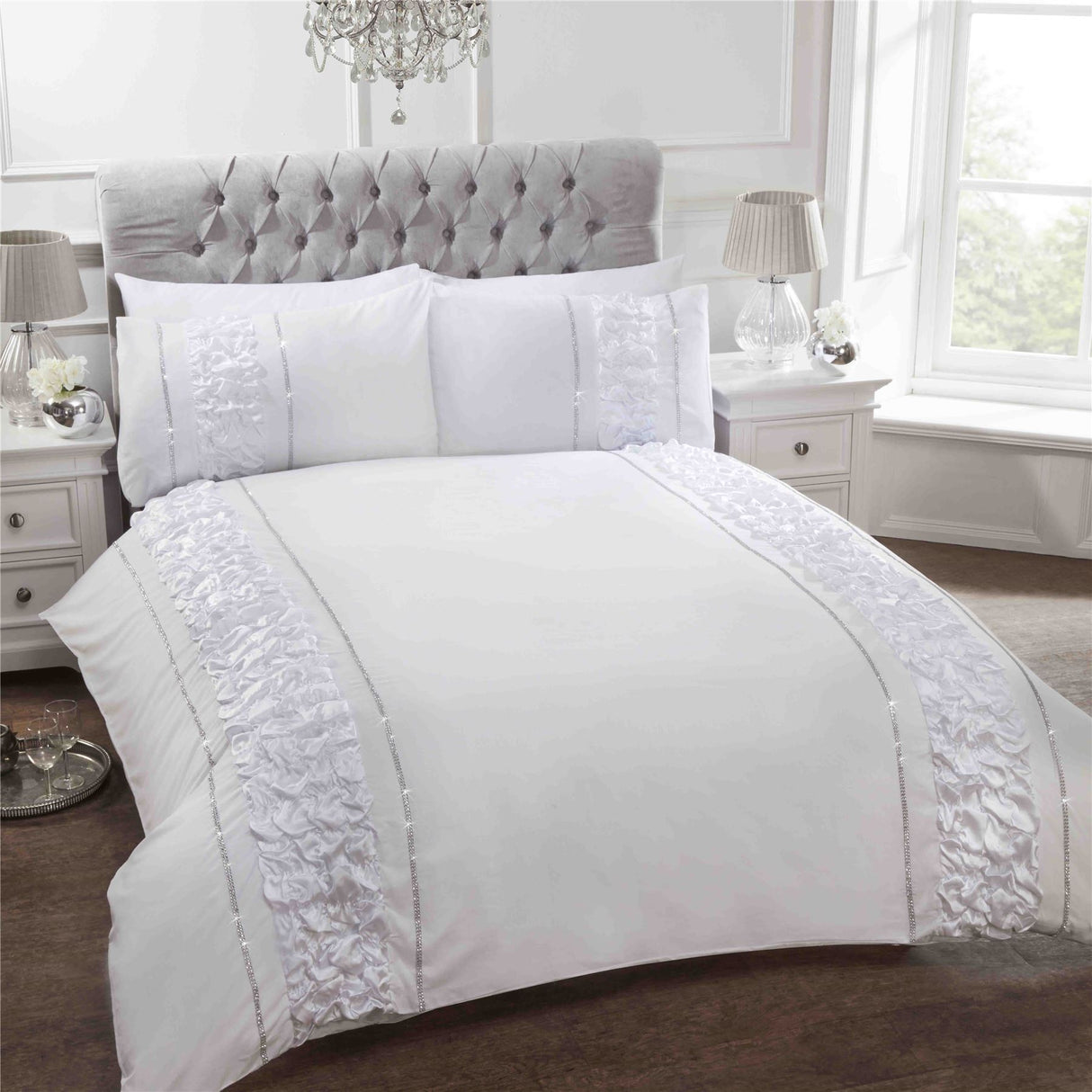 Luxurious Provence Duvet Set featuring ruffle and diamante detailing along the edges, with matching pillowcases and button closure