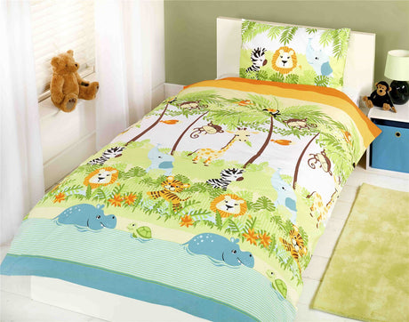 A colourful jungle animals duvet set featuring lions, zebras, giraffes and cheeky monkeys