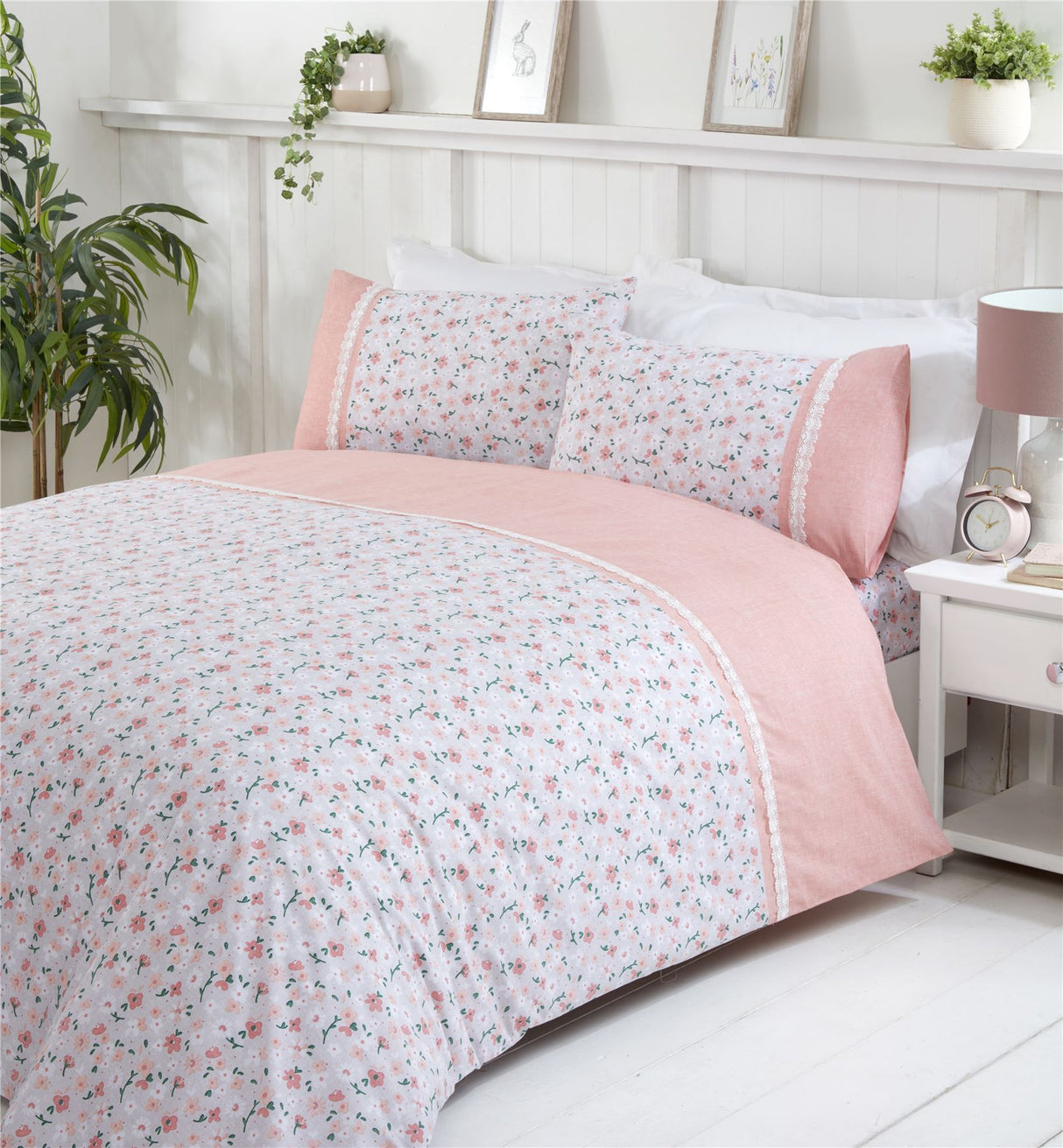 Delicate springtime floral pattern on the Penelope Duvet Set with vintage lace detailing