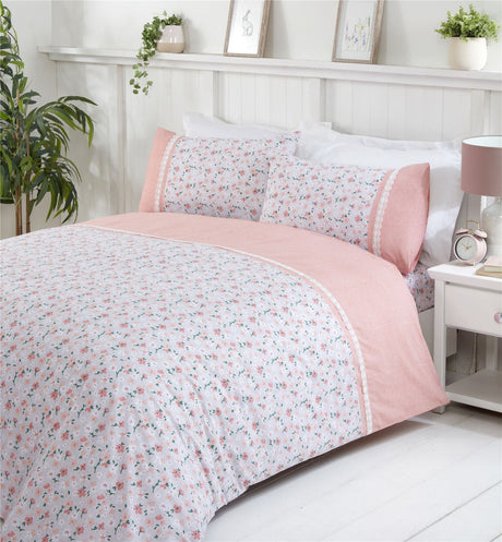 Delicate springtime floral pattern on the Penelope Duvet Set with vintage lace detailing
