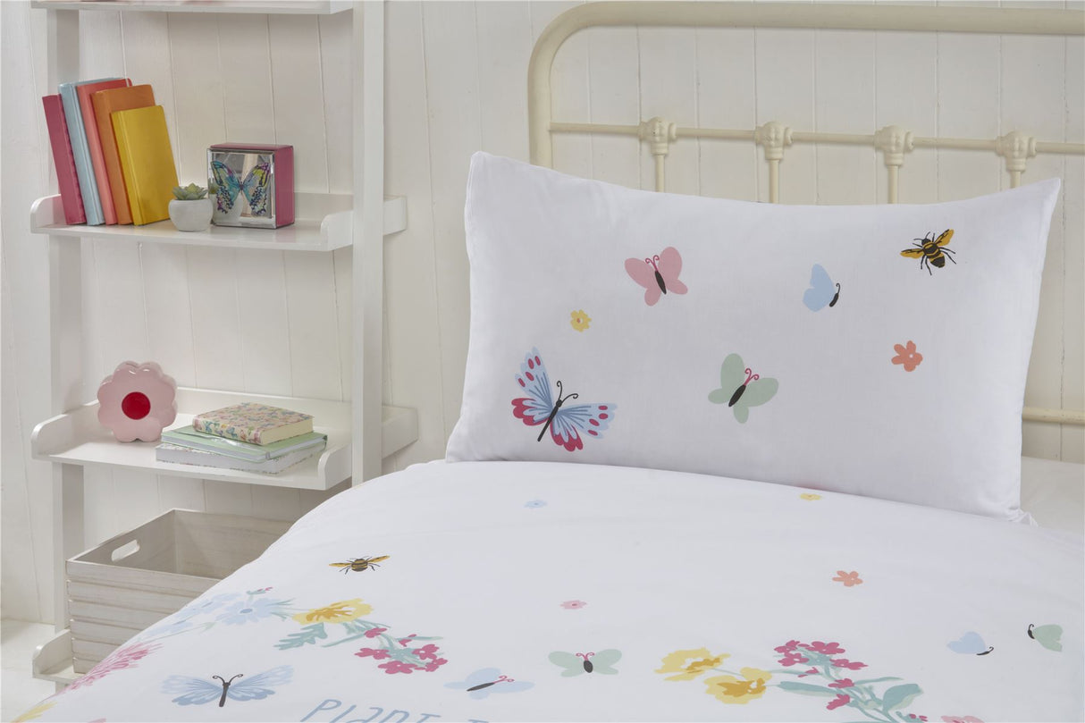 Set includes matching pillowcases with butterfly and bee illustrations on sustainably sourced cotton fabric
