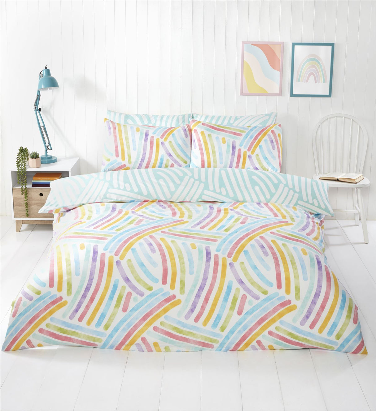 Brightly coloured abstract rainbow pattern on soft, non-iron microfibre duvet cover with reversible aqua and white design