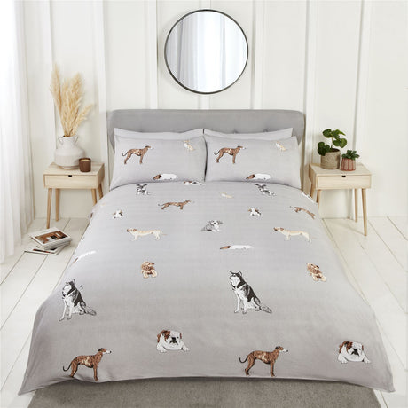 Stylish duvet set featuring hand-drawn dogs on textured ground with reversible striped reverse