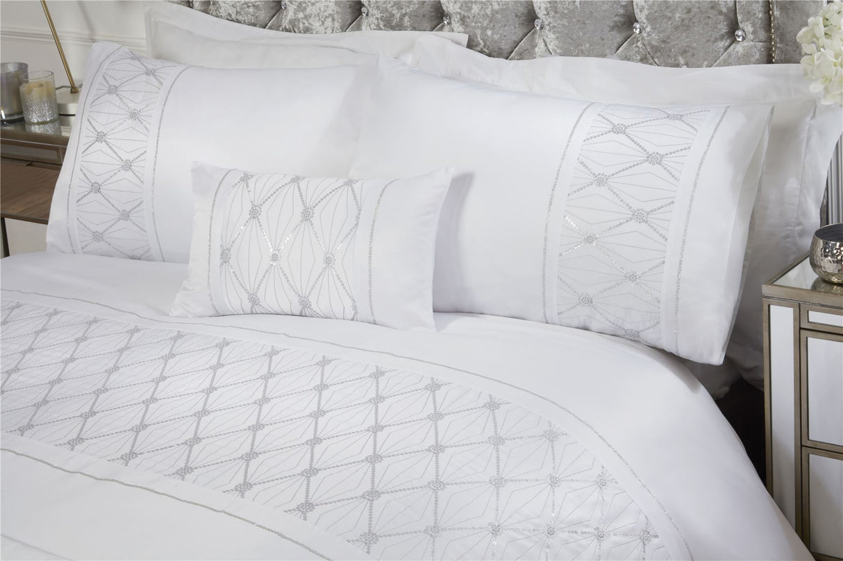 Stylish Monaco duvet cover in satin fabric with sparkling sequin trim across duvet and pillowcases, includes matching pillowcases