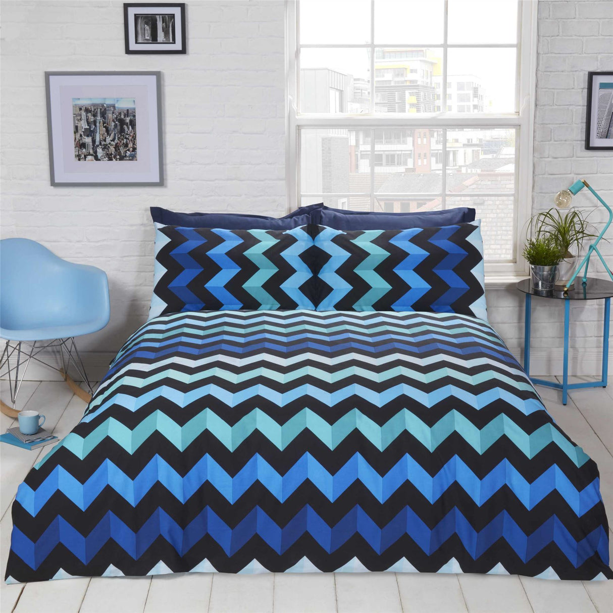 Three D Duvet Set featuring a reversible design with a bold zig zag 3D effect pattern on one side