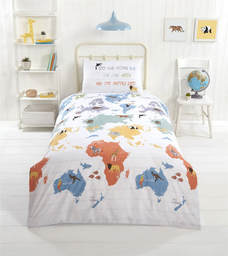 A colourful duvet cover featuring world maps and indigenous animals for children