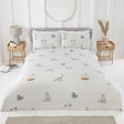 Stylish cat-themed duvet set featuring hand-drawn kitties on textured ground with reversible stripe design