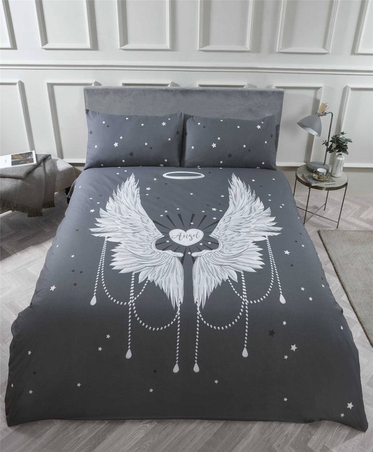 Contemporary duvet cover featuring large angel wing panel design with matching pillowcases in stylish colours