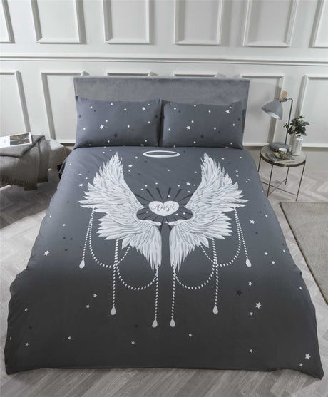 Contemporary duvet cover featuring large angel wing panel design with matching pillowcases in stylish colours
