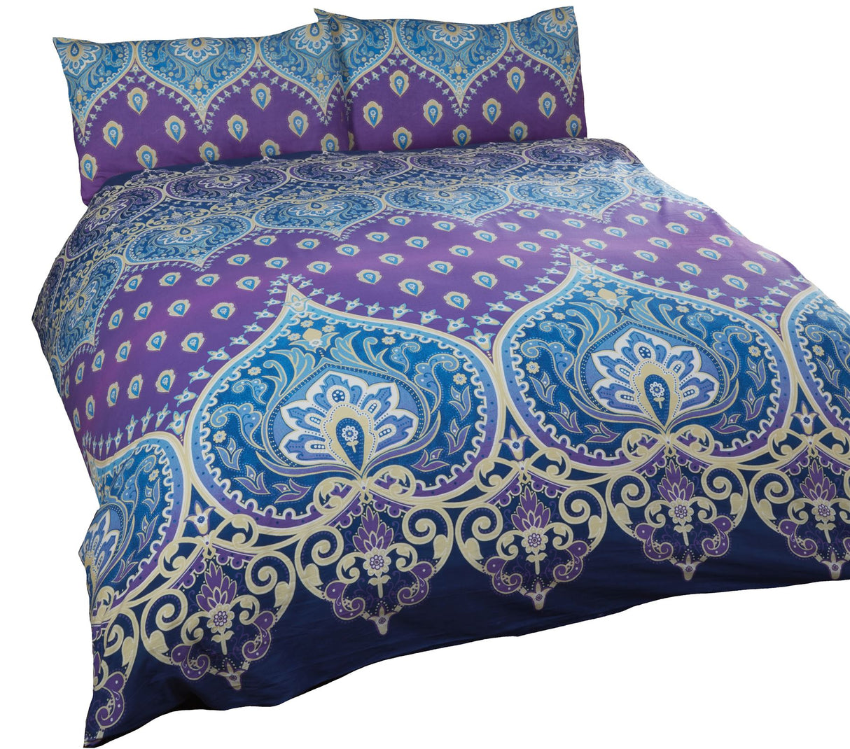 A detailed view of the easycare fabric and intricate print design on the Asha Duvet Set, inspired by Indian traditions