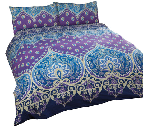 A detailed view of the easycare fabric and intricate print design on the Asha Duvet Set, inspired by Indian traditions