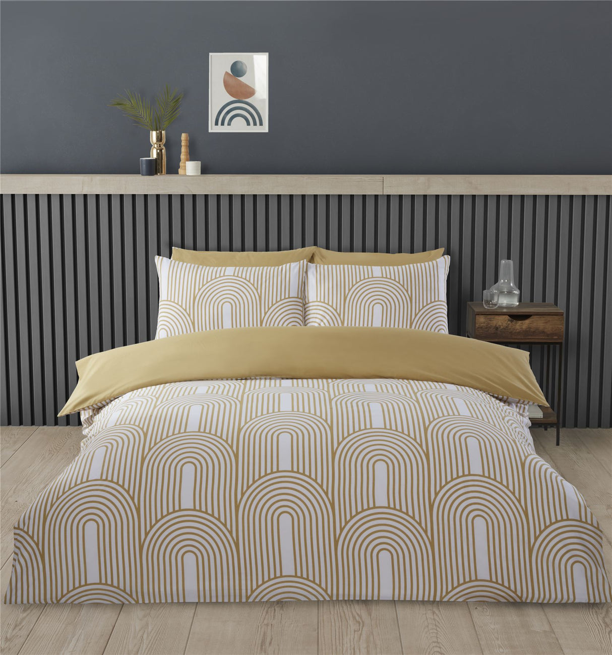 Close-up of the soft, cosy fabric of the Arches Duvet Set with a contemporary design in neutral tones