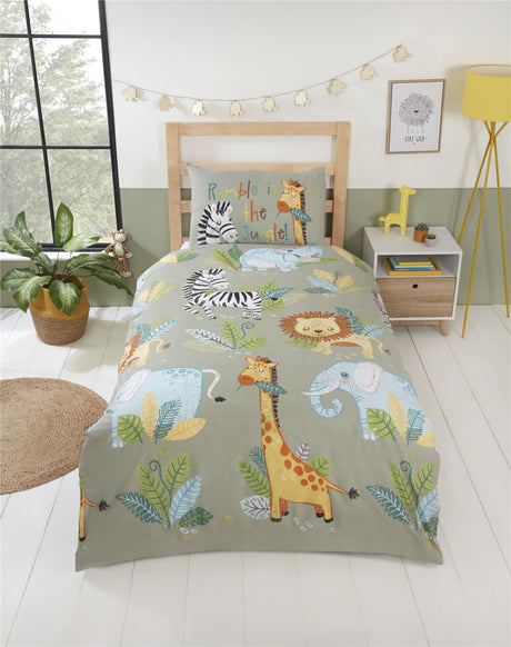 Vibrant jungle-themed children's duvet set featuring giraffes, zebras, and elephants in light brown and green hues