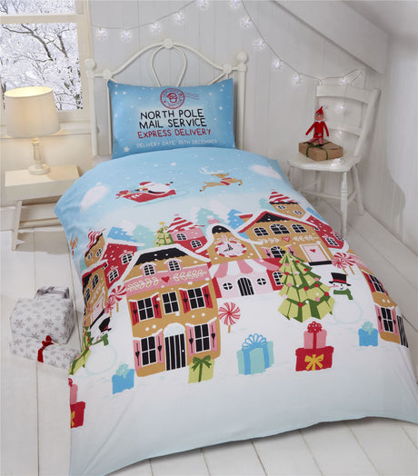 Bright and colourful Gingerbread Town Duvet Set featuring festive gingerbread houses and snowmen