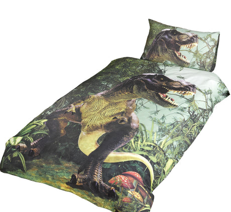 Double-sized T Rex duvet set with matching pillowcases, perfect for dinosaur enthusiasts and easy to maintain
