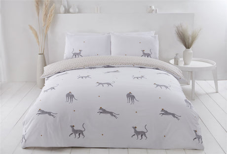 Sustainable leopard duvet cover featuring a delicate crowned leopard design on a white background