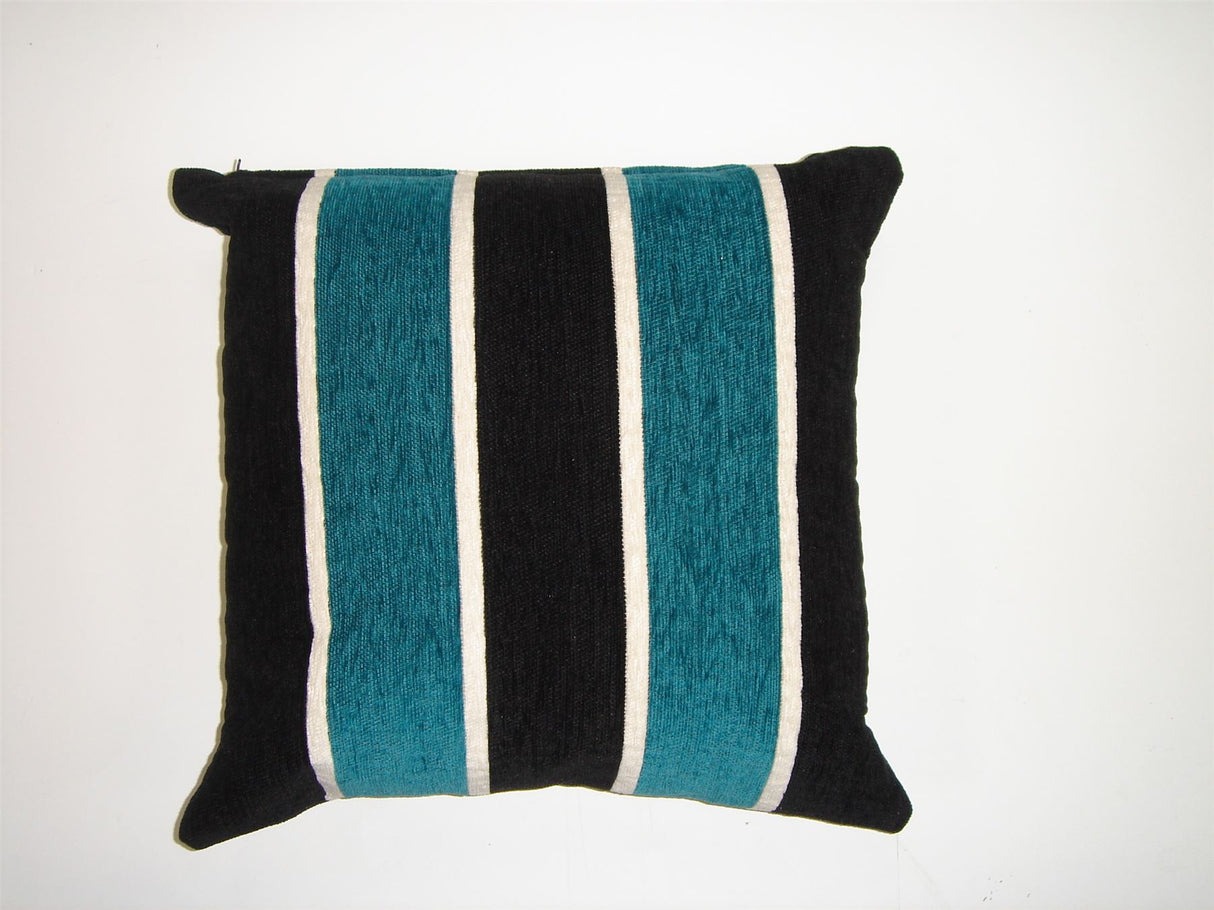 A heavyweight teal striped chenille filled cushion with a soft touch