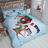 Festive duvet set featuring retro Santa and reindeer design on white and blue background