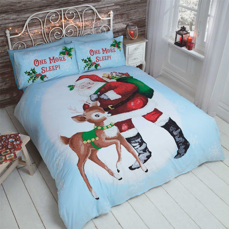 Festive duvet set featuring retro Santa and reindeer design on white and blue background