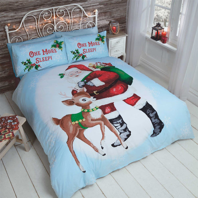 Festive duvet set featuring retro Santa and reindeer design on white and blue background
