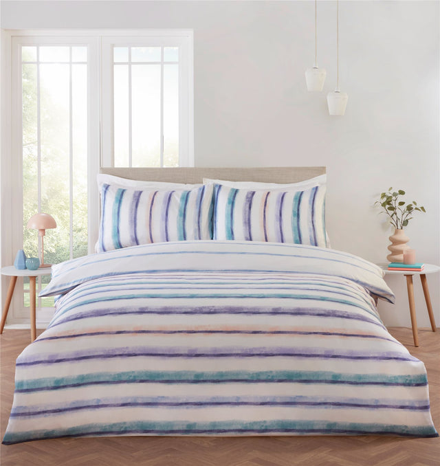 Calming Horizon Duvet Set featuring watercolour stripe design with blue, teal, purple, and orange hues