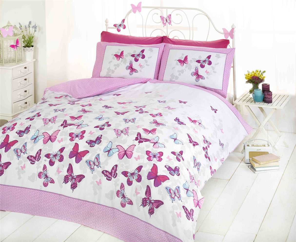 Close-up of Flutter Duvet Set showcasing butterfly pattern, easycare fabric, and popper closures for convenient use