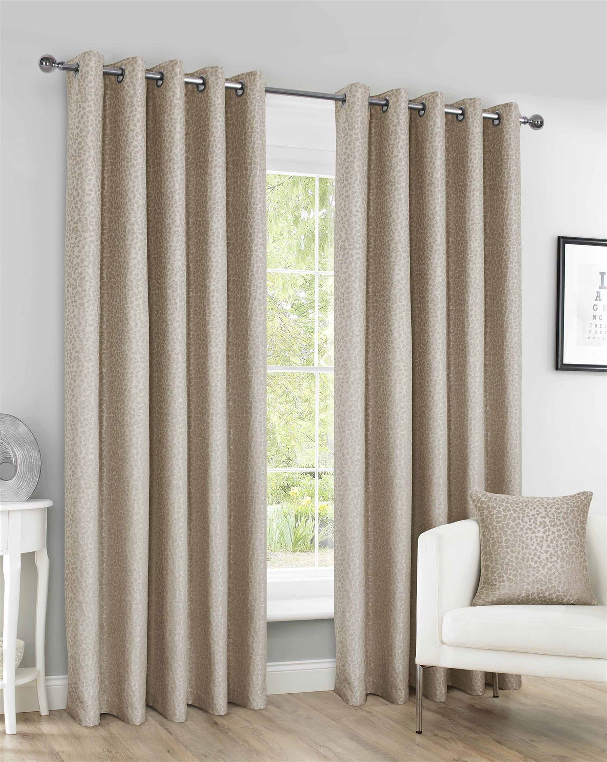 Energy efficient lined curtains in tonal textured leopard spot jacquard