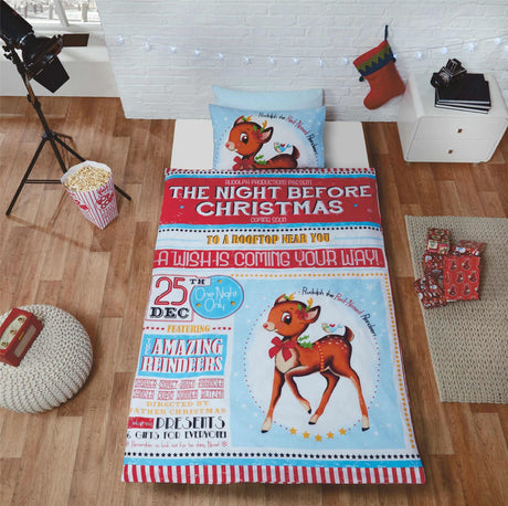 Matching pillowcases with printed panels and popper closures on the Christmas-themed duvet bedding collection