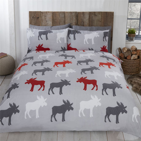 A cosy duvet set featuring a contemporary moose design in grey and red on brushed cotton