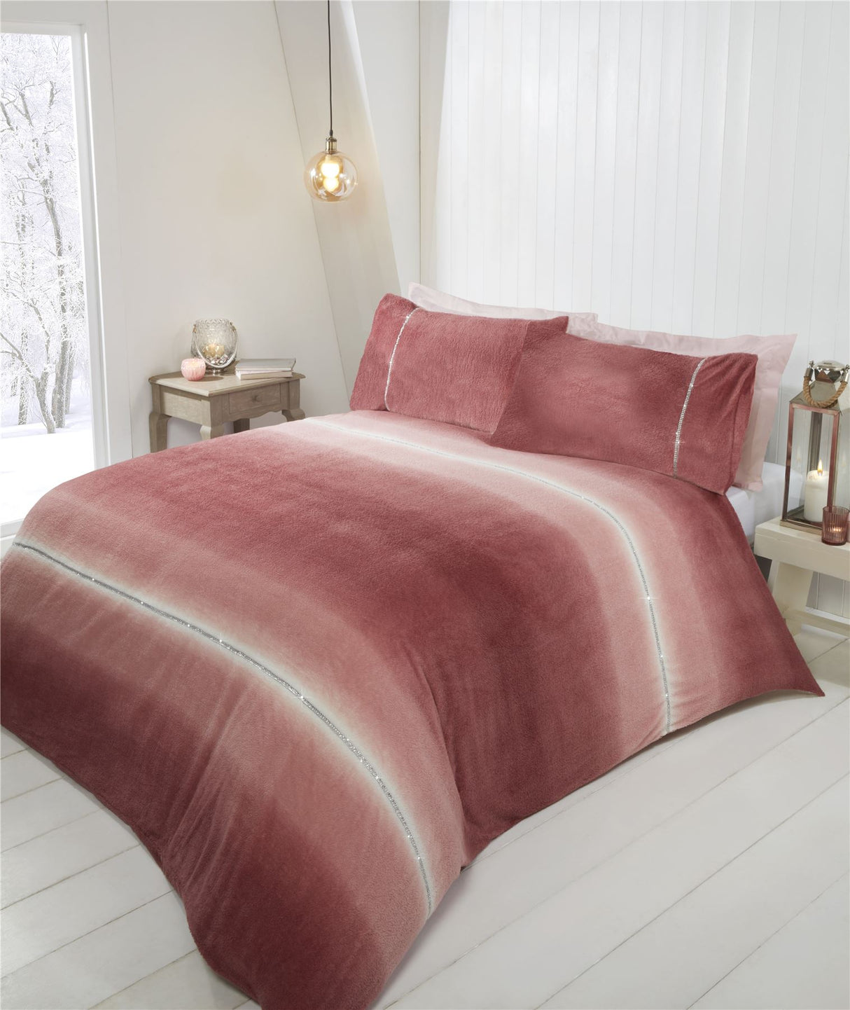 Luxurious teddy fleece duvet cover with ombre stripe design and diamantés