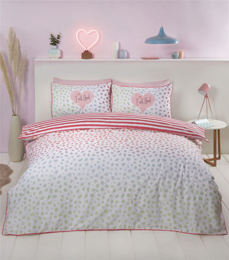 Reversible duvet set featuring playful dalmation design in vibrant ombre colours and pink accents