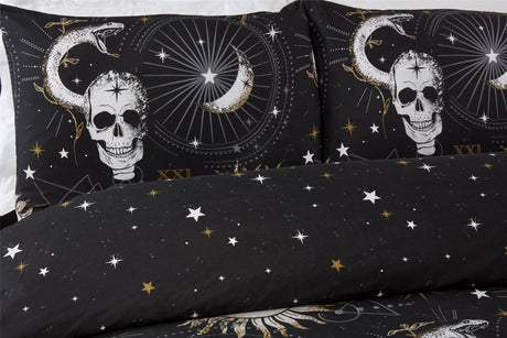 Mystical Tarot Duvet Set showcasing dark allure with skull, sun, and moon designs, complete with matching pillowcases and popper closure for effortless use