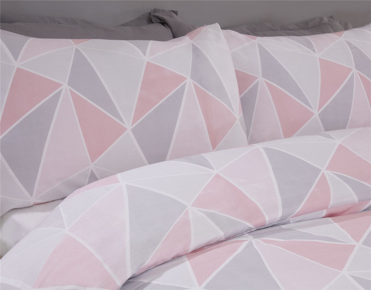  Leo duvet set featuring on-trend abstract triangles in blush pink and grey