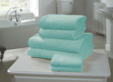 Illustration of a thick, lofty pile of turquoise bath towel made from 100% combed 600gsm cotton, extremely soft and super absorbent, ensuring durability and long-lasting quality