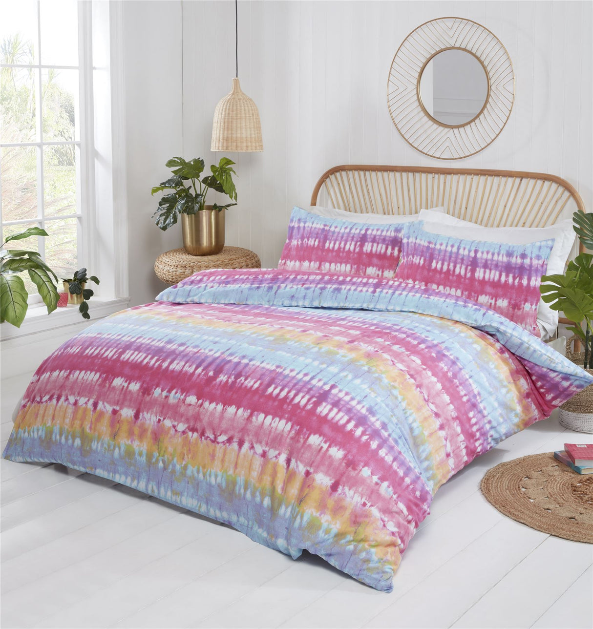 Tie Dye Duvet Set in vibrant pink, purple, yellow and blue stripes