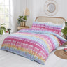 Bright and colourful tie dye duvet cover with matching pillowcases in pink, purple, yellow and blue hues