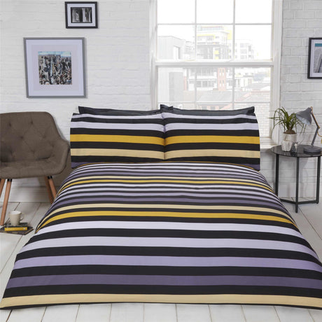Colourful and reversible bedding featuring a bold zig zag textured pattern on one side and a vibrant striped print on the reverse