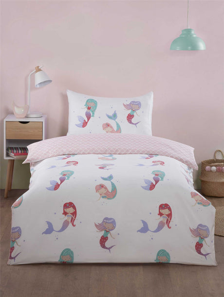 Colorful Little Mermaid duvet set featuring a vibrant mermaid print, matching pillowcase, popper closure, reversible design, easycare fabric, and non-iron material suitable for toddler and single bed sizes