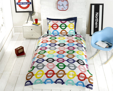 Modern London Underground themed bedding set with a reversible design, perfect for Tube enthusiasts and easy to maintain