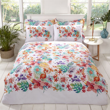 A colourful tropical duvet set featuring vibrant birds, lush foliage, and a popper closure mechanism, available in single, double, and kingsize sizes with matching pillowcases