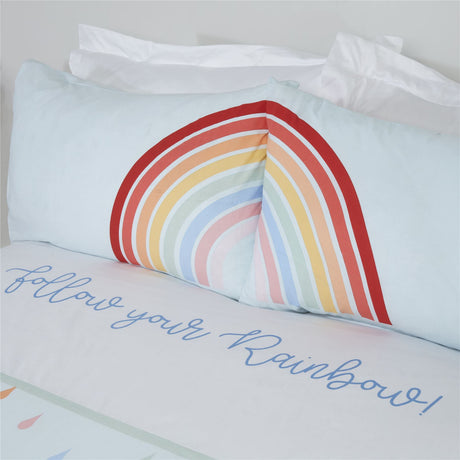 Pair of matching pillowcases demonstrating unique rainbow image design with rain drop pattern and easycare fabric