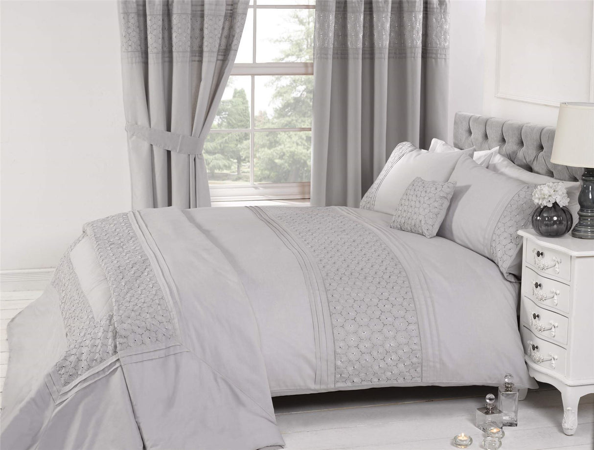 Timeless kingsize duvet cover set with exquisite embroidery and pintuck detail