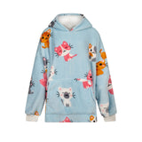Cozy baby blue fleece hoodie featuring smiling kittens and a warm, snug sherpa lining