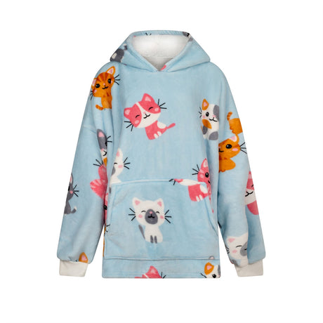 Cozy baby blue fleece hoodie featuring smiling kittens and a warm, snug sherpa lining