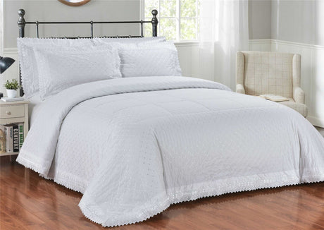 Elegant bedding featuring intricate lace trim and high-quality percale material for a refined bedroom look