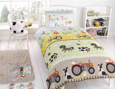 A cosy countryside-themed duvet set featuring farmyard animals with popper closure for toddlers and singles