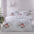 Elegant Margo duvet set featuring a painterly floral brush stroke pattern in soft grey hues with a ditsy rose bud reverse