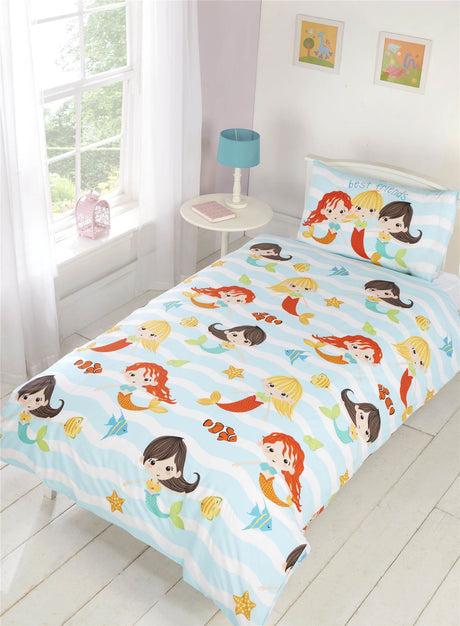 A charming mermaid friends duvet set featuring colourful mermaids on pastel blue and white striped bedding, perfect for ocean-themed bedrooms
