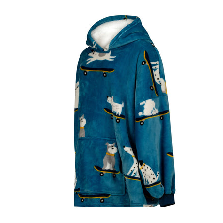 Full-body image of a cool dog modelling the Skater Dogs hoodie with elasticated cuffs and relaxed fit